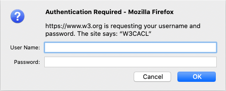 Default browser dialog box requiring the user to authenticate.