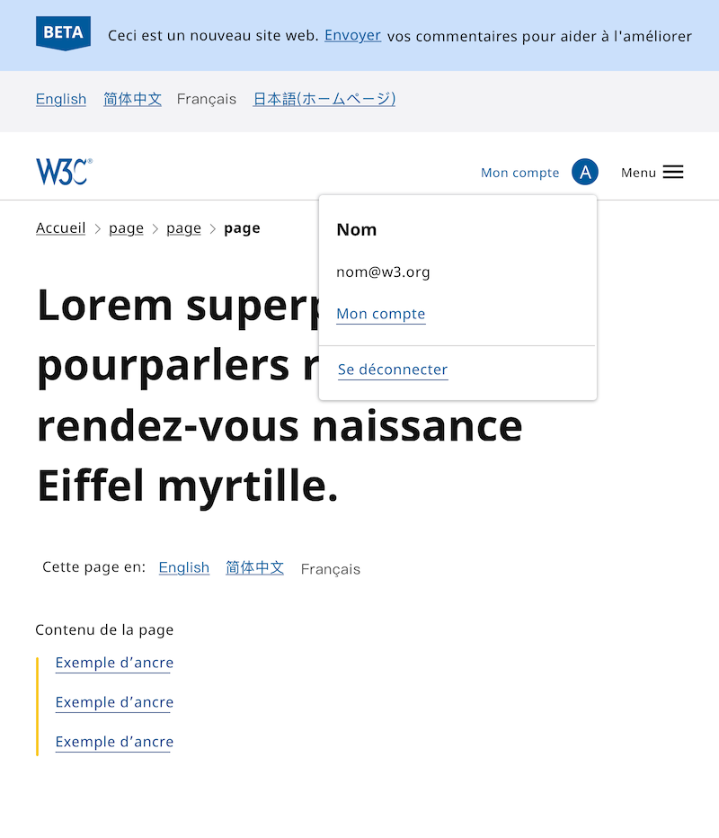 Header design showing account menu (medium screen) in French