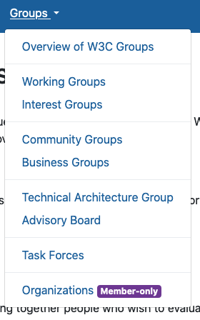 Navigation menu showing how 'Members-only' areas are highlighted to let users know which areas require them to have a w3c account.