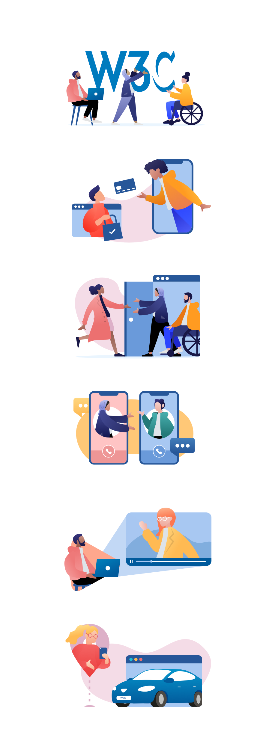 A set of illustrations showing people with different physical needs, ethnicities, genders and skin tones, engaged in online activities. The activities depict a range of technologies that W3C set the standard for, such as web devices, browsers, web payments and accessibility.