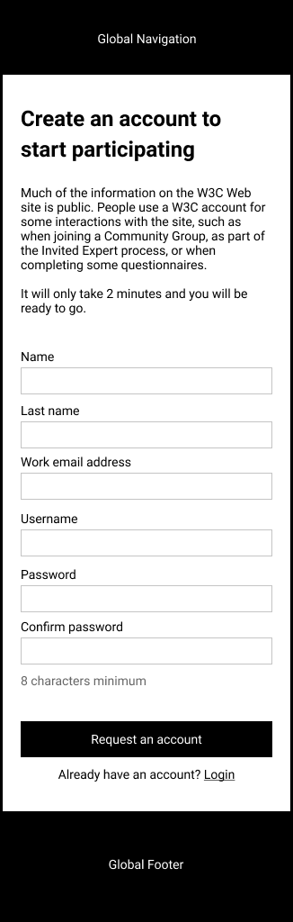 Content wireframe of Create an account step 1 page